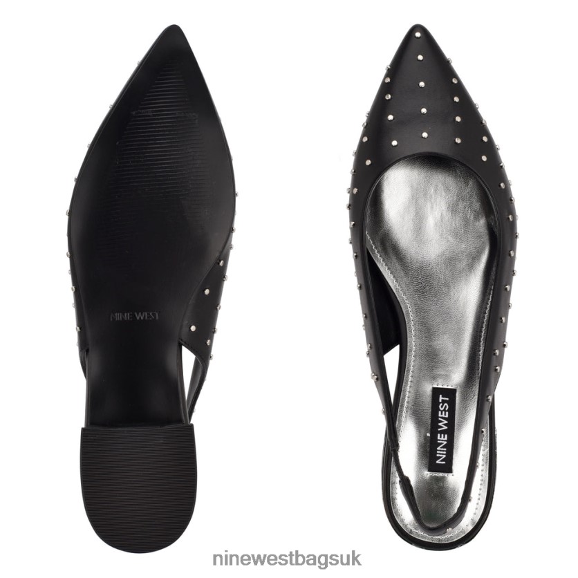 Nine West Lucee Slingback Pointy Toe Flats RFX40B2222 - Nine West Sandals UK Black Leather Studded