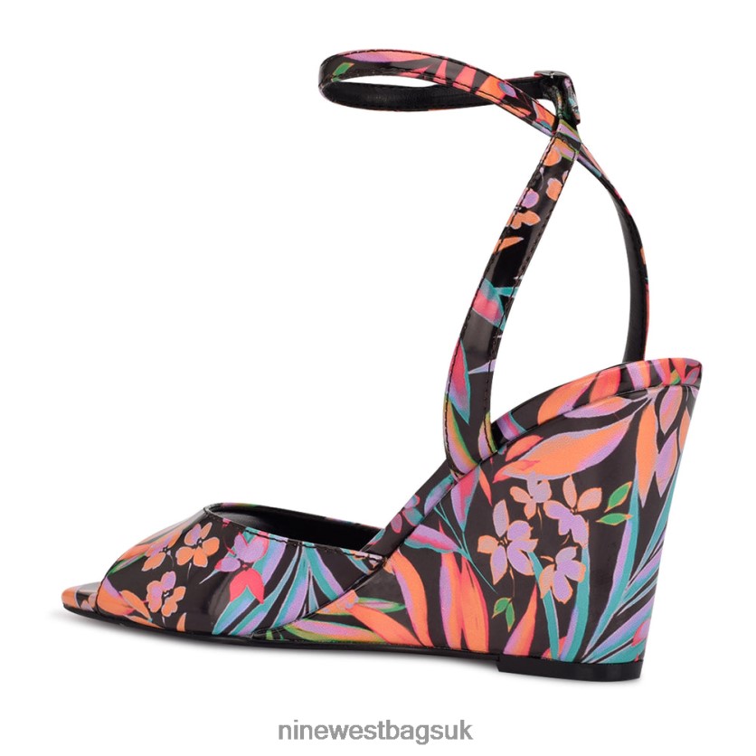 Nine West Nevr Ankle Strap Wedge Sandals RFX40B788 - Nine West Bags UK Black Tropical Print