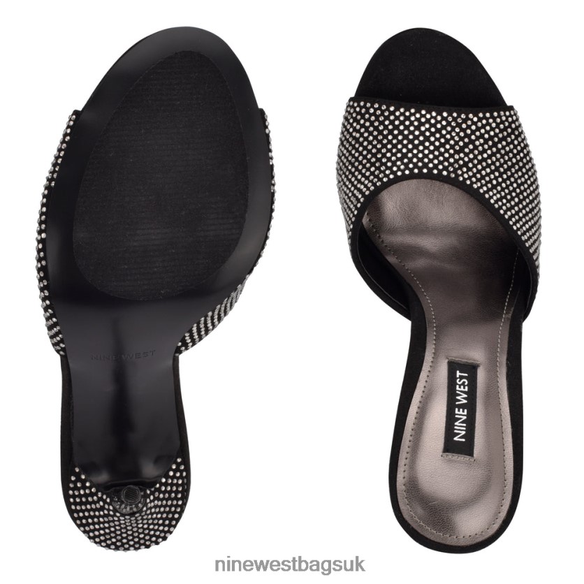 Nine West Divas Heeled Slide Sandals RFX40B477 - Nine West UK Black Shimmer Suede