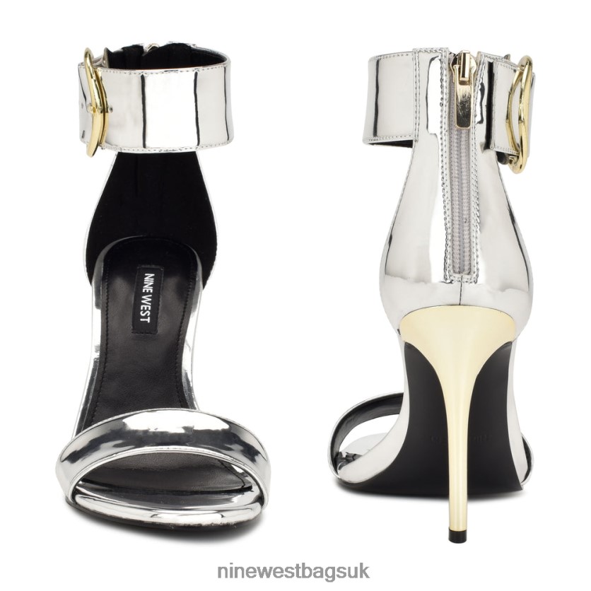 Nine West Mova Ankle Strap Heeled Sandals RFX40B439 - Nine West UK Sale Silver Mirror Metallic