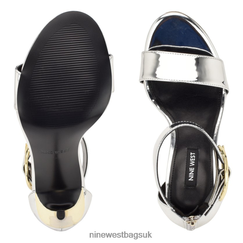 Nine West Mova Ankle Strap Heeled Sandals RFX40B439 - Nine West UK Sale Silver Mirror Metallic